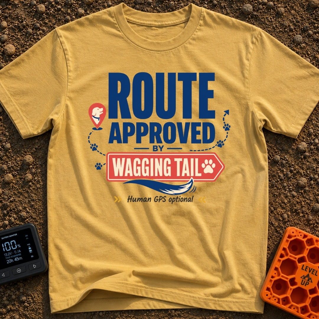 Wagging Tail Approved - T-Shirt in Mustard - A typographic design reading "ROUTE APPROVED BY WAGGING TAIL" featuring a...