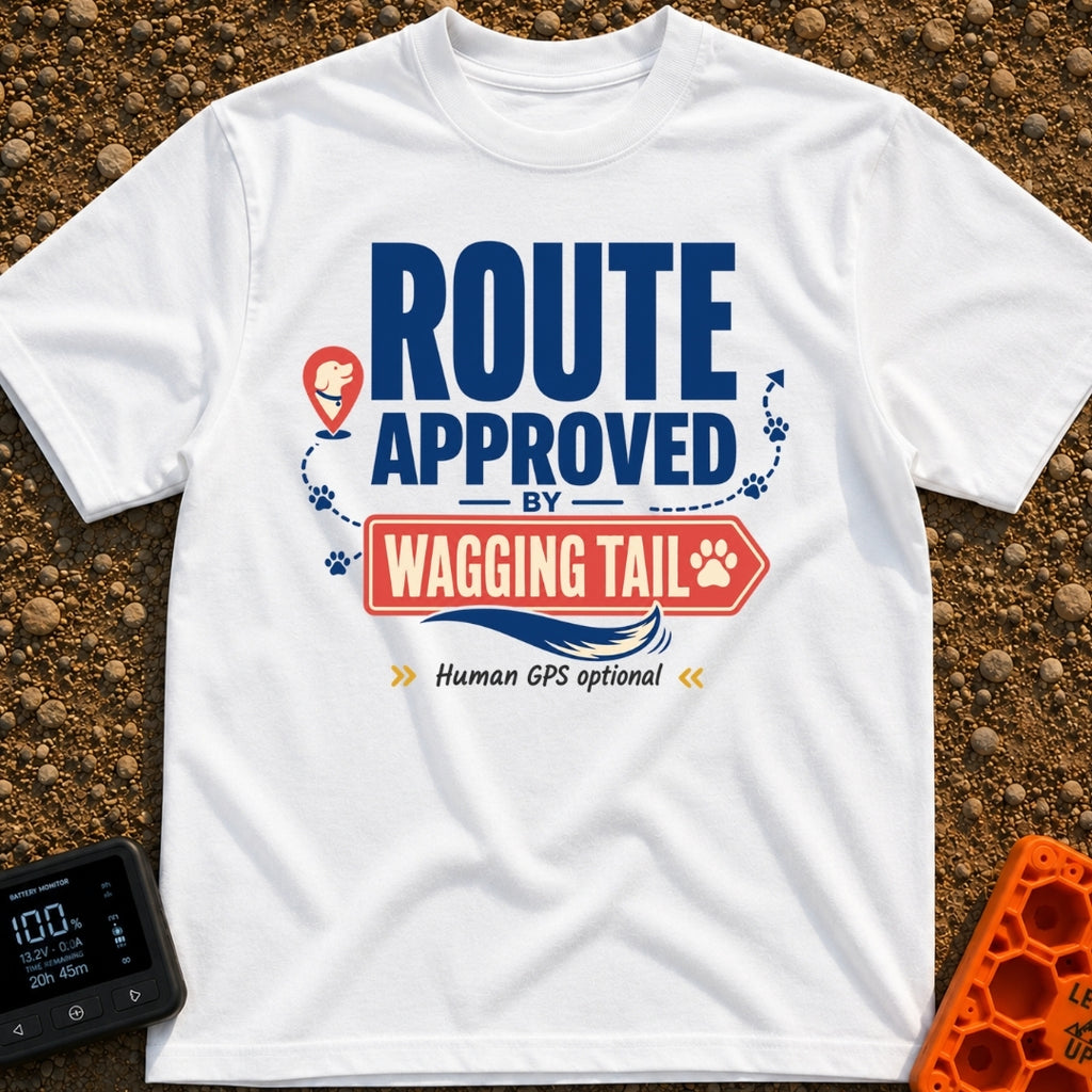 Wagging Tail Approved - T-Shirt in White - A typographic design reading "ROUTE APPROVED BY WAGGING TAIL" featuring a red...