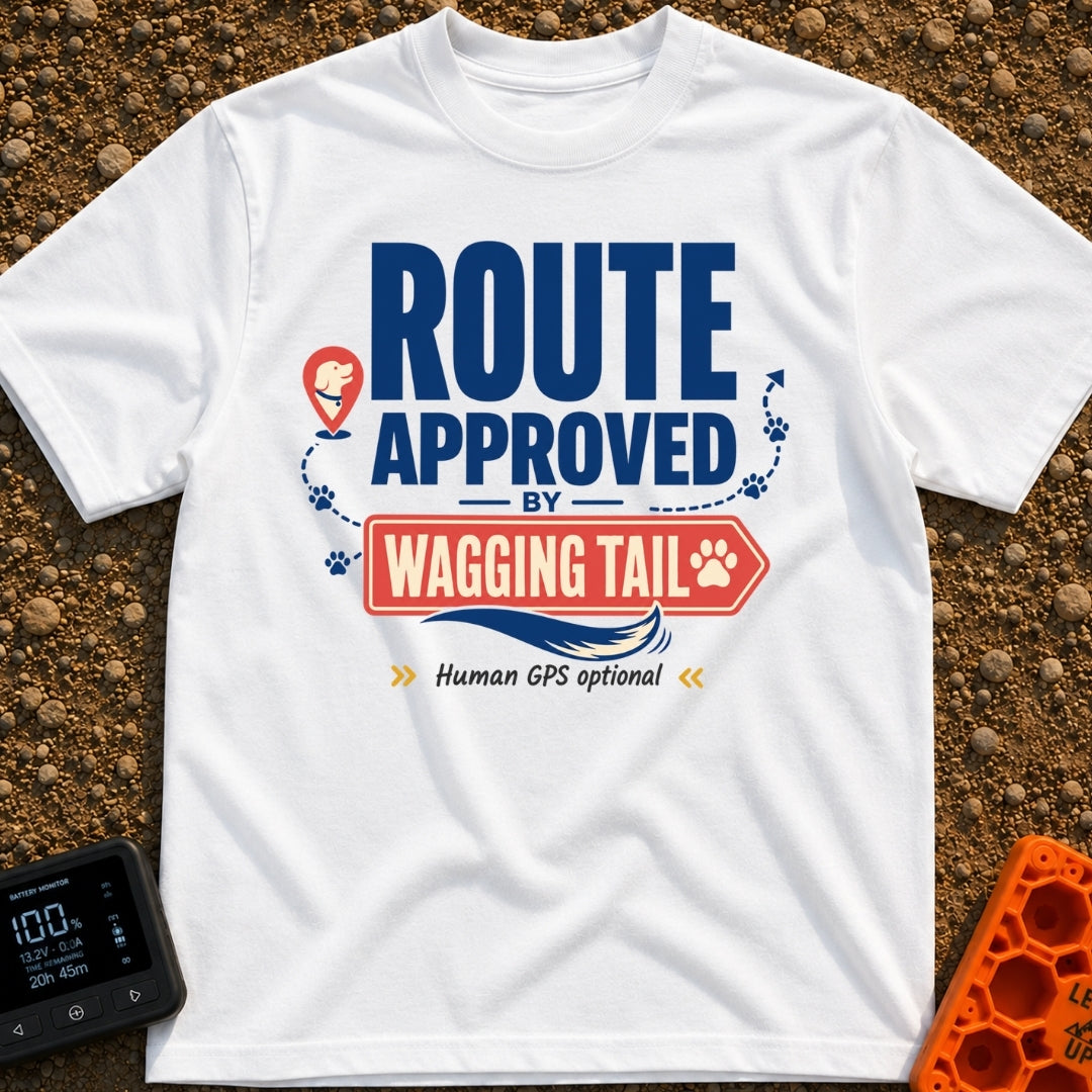 Wagging Tail Approved - T-Shirt in White - A typographic design reading "ROUTE APPROVED BY WAGGING TAIL" featuring a red...