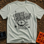 No Map Just Vibes - T-Shirt in Bay - A black and white illustration of a retro roadside sign reading "ROUTE RECALCULATED"...