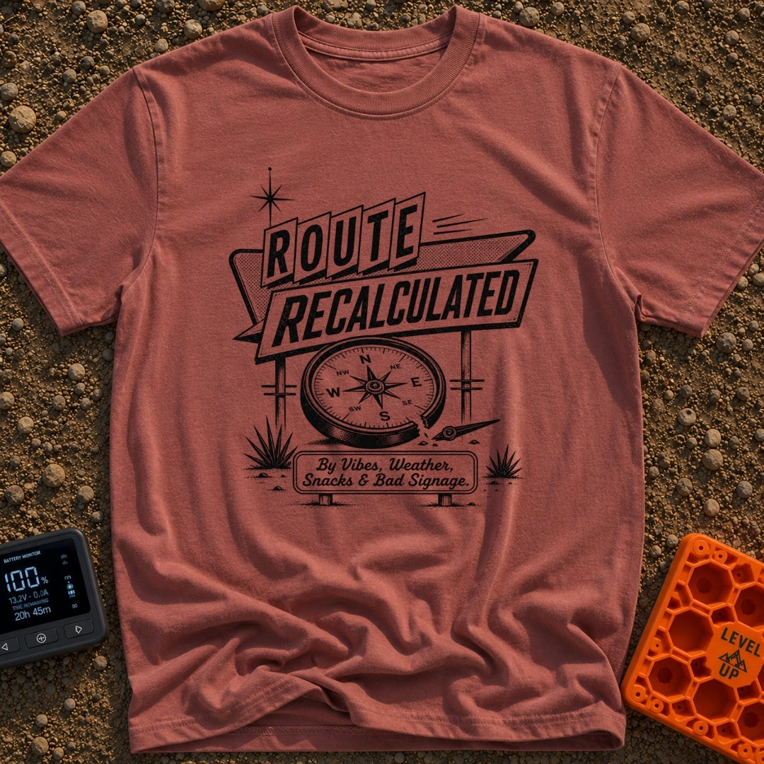 No Map Just Vibes - T-Shirt in Brick - A black and white illustration of a retro roadside sign reading "ROUTE...