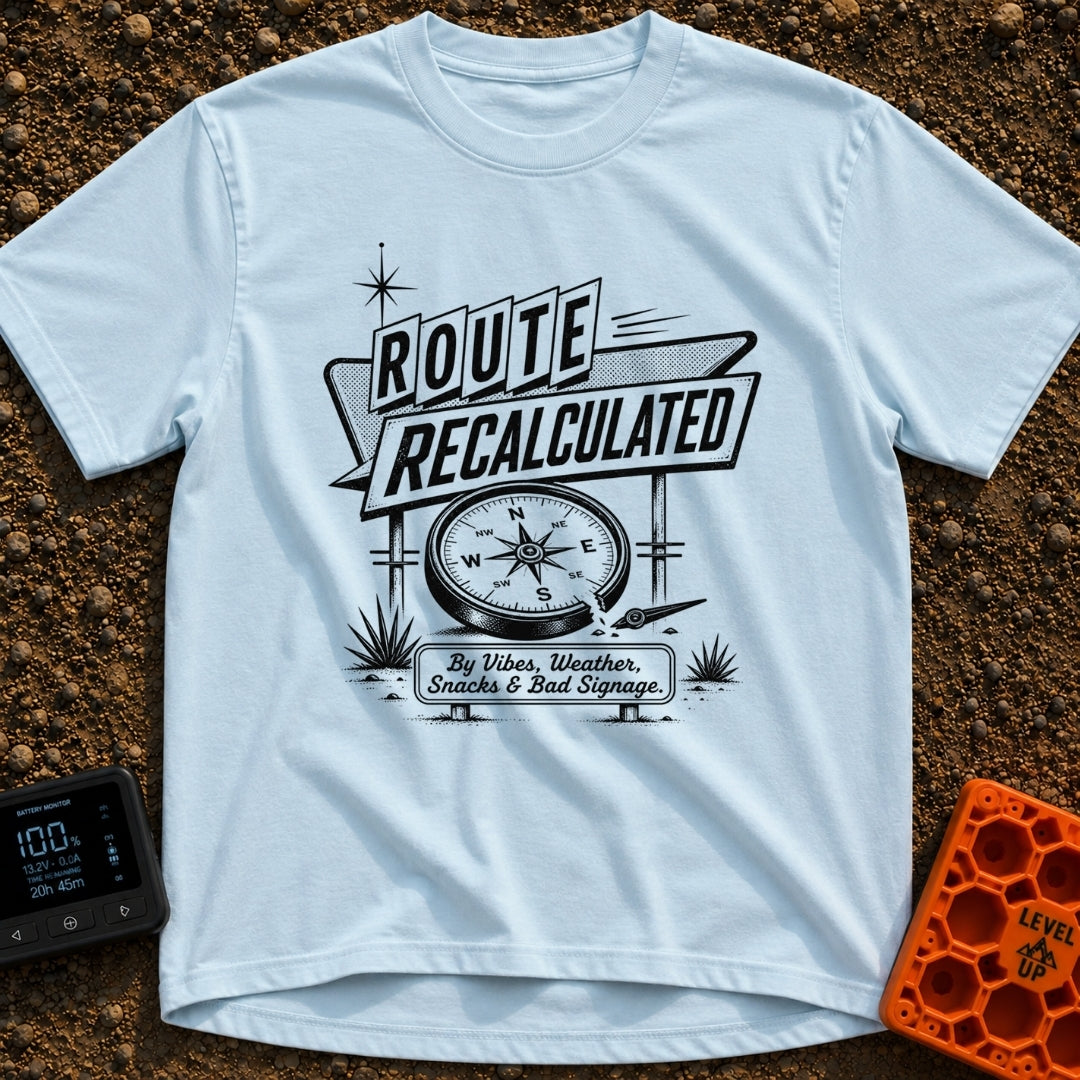 No Map Just Vibes - T-Shirt in Chambray - A black and white illustration of a retro roadside sign reading "ROUTE...