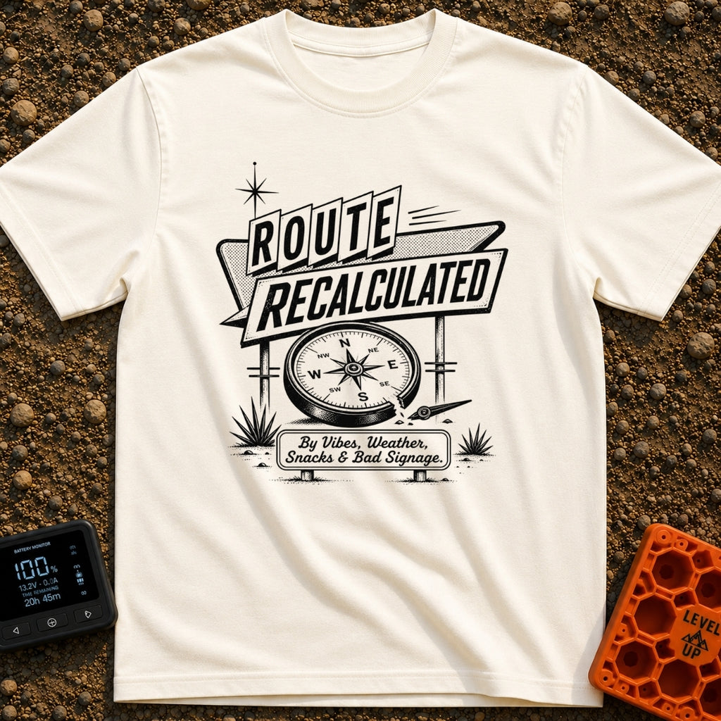 No Map Just Vibes - T-Shirt in Ivory - A black and white illustration of a retro roadside sign reading "ROUTE...