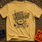 No Map Just Vibes - T-Shirt in Mustard - A black and white illustration of a retro roadside sign reading "ROUTE...