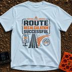 Route Recalc Success - T-Shirt in Chambray - A distressed typography design showing the text "ROUTE RECALCULATION...