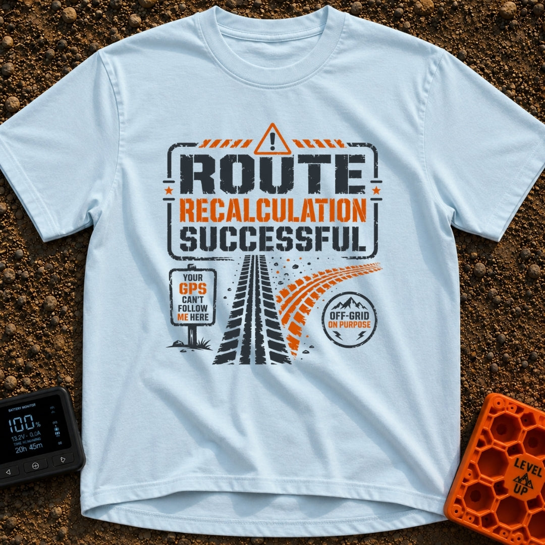 Route Recalc Success - T-Shirt in Chambray - A distressed typography design showing the text "ROUTE RECALCULATION...