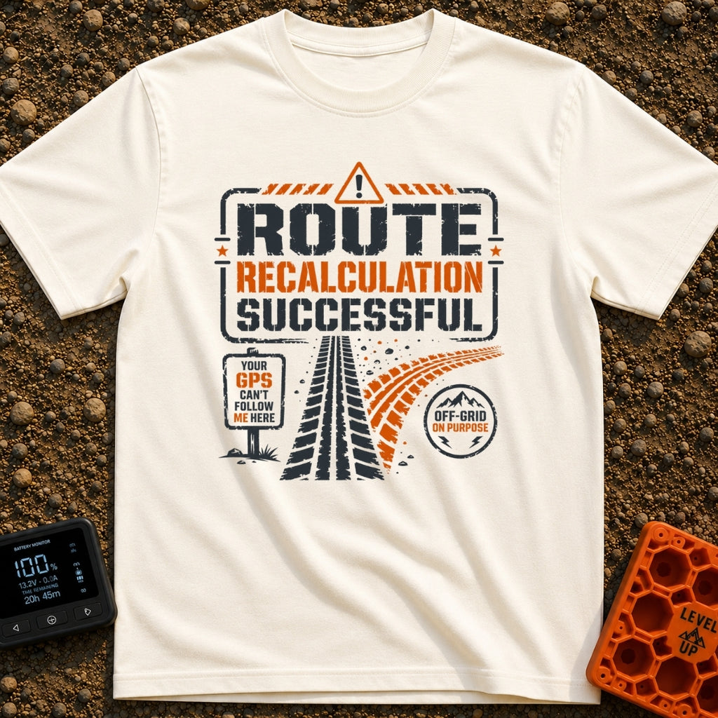 Route Recalc Success - T-Shirt in Ivory - A distressed typography design showing the text "ROUTE RECALCULATION...