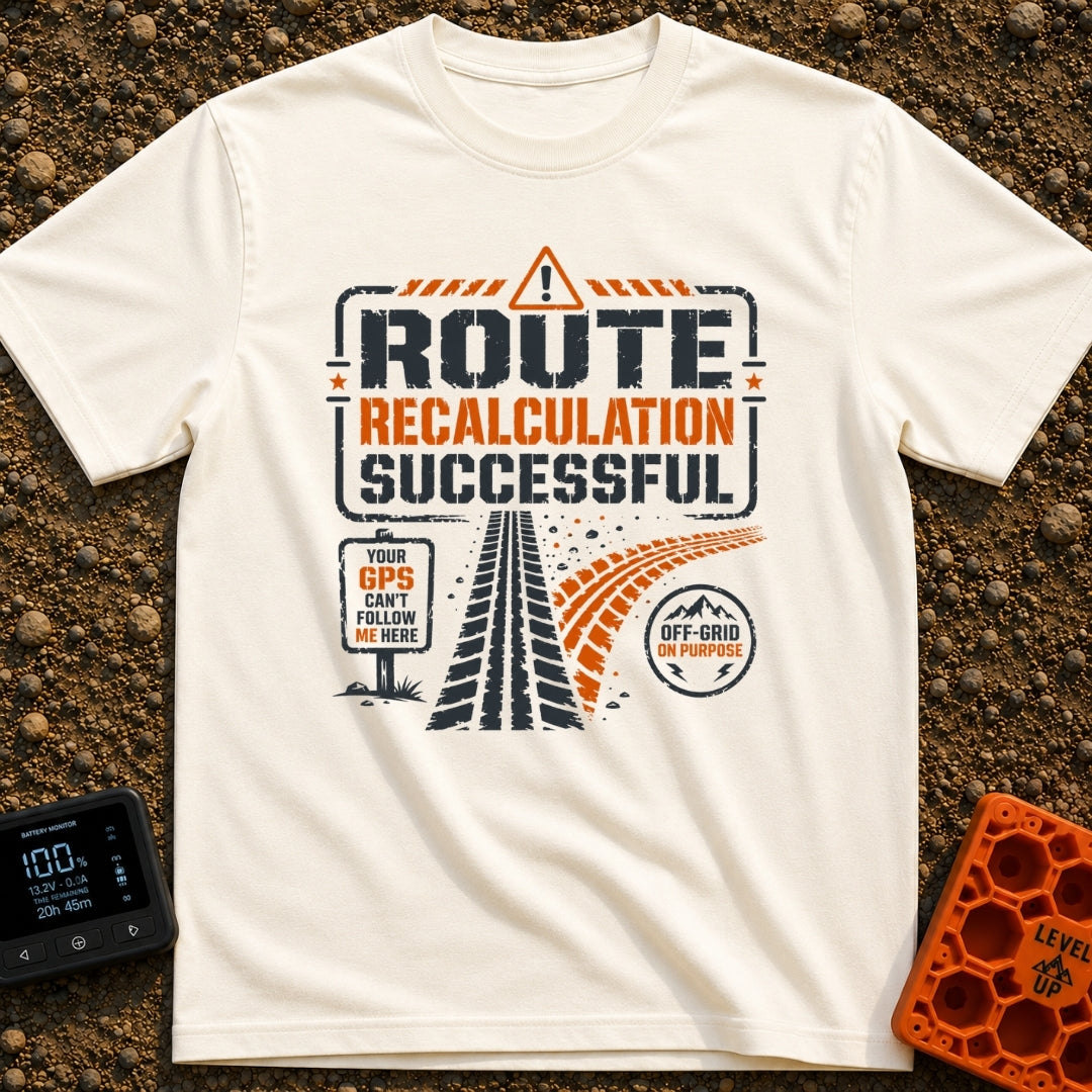 Route Recalc Success - T-Shirt in Ivory - A distressed typography design showing the text "ROUTE RECALCULATION...
