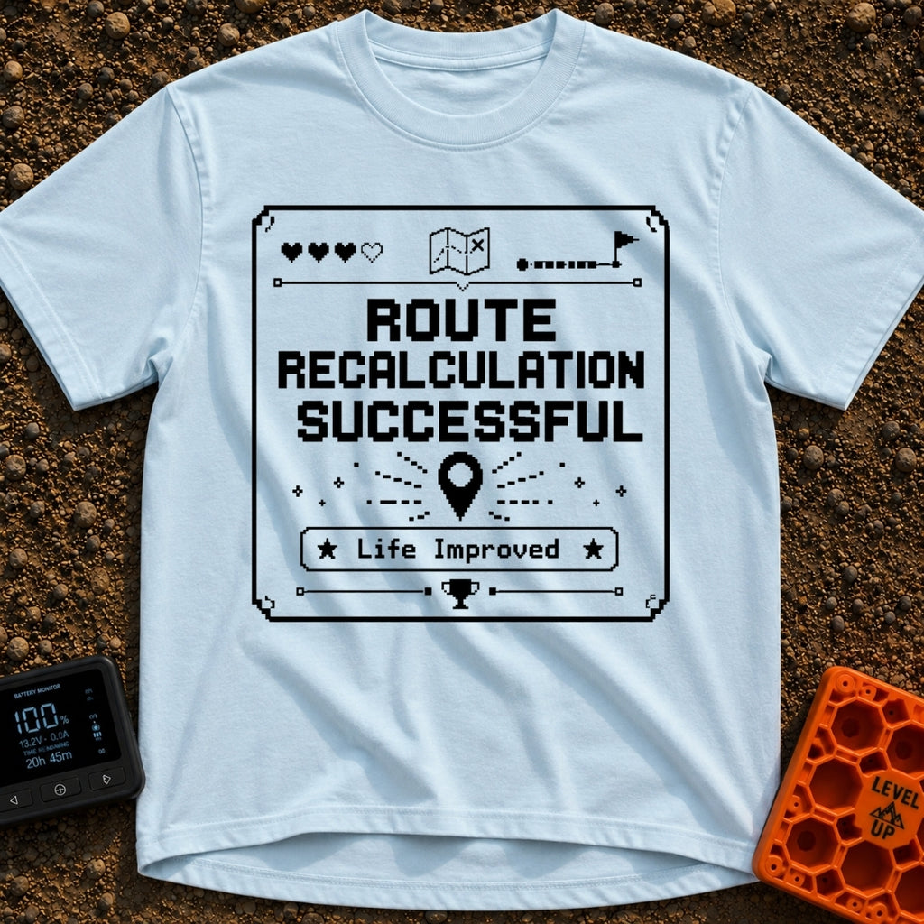 New Route Unlocked - T-Shirt in Chambray - A black and white pixel-art style graphic featuring the text "ROUTE...