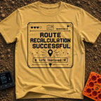 New Route Unlocked - T-Shirt in Mustard - A black and white pixel-art style graphic featuring the text "ROUTE...