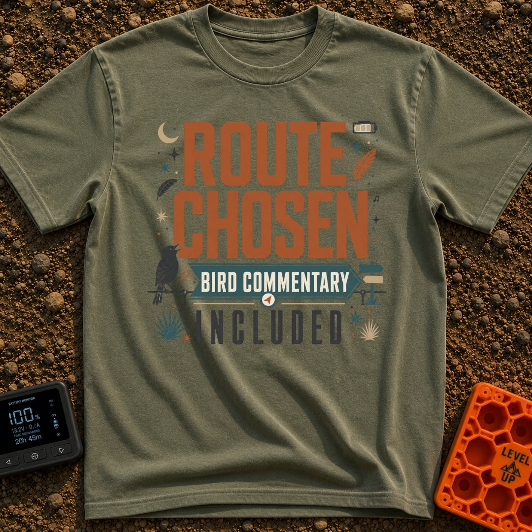 Bird Commentary Included - T-Shirt in Moss - A typographic design reading "ROUTE CHOSEN BIRD COMMENTARY INCLUDED"...