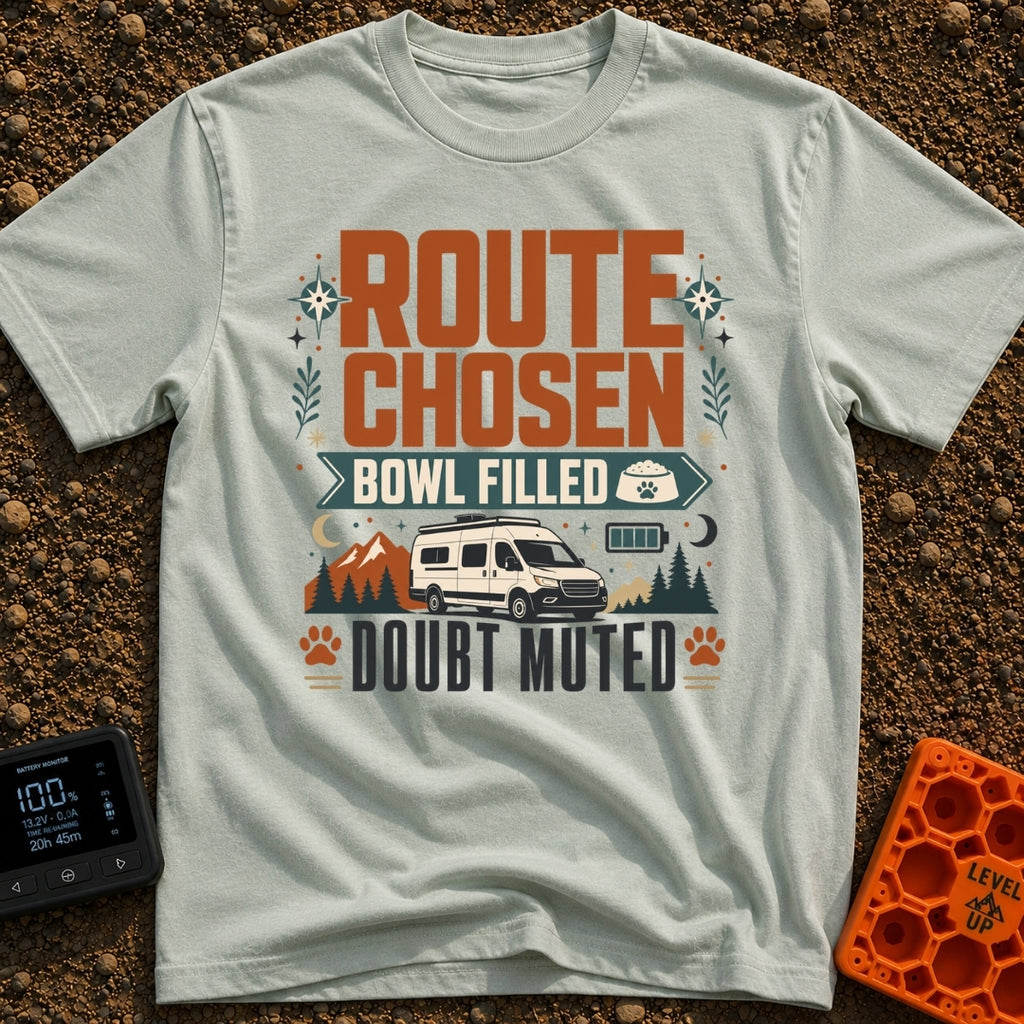 Bowl Filled Doubt Muted - T-Shirt in Bay - A graphic featuring a white camper van parked in front of mountains and pine...