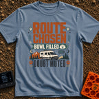 Bowl Filled Doubt Muted - T-Shirt in Blue Jean - A graphic featuring a white camper van parked in front of mountains and...