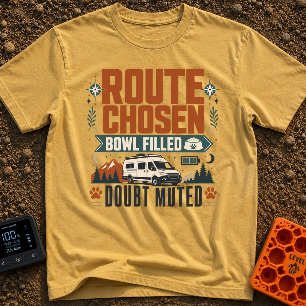 Bowl Filled Doubt Muted - T-Shirt in Mustard - A graphic featuring a white camper van parked in front of mountains and...