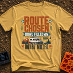 Bowl Filled Doubt Muted - T-Shirt in Mustard - A graphic featuring a white camper van parked in front of mountains and...