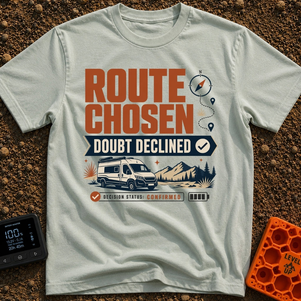 Doubtless Detour Decision - T-Shirt in Bay - A graphic design featuring the text "ROUTE CHOSEN DOUBT DECLINED" above an...