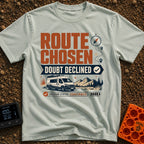 Doubtless Detour Decision - T-Shirt in Bay - A graphic design featuring the text "ROUTE CHOSEN DOUBT DECLINED" above an...
