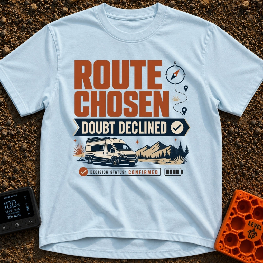Doubtless Detour Decision - T-Shirt in Chambray - A graphic design featuring the text "ROUTE CHOSEN DOUBT DECLINED" above...