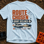 Doubtless Detour Decision - T-Shirt in Chambray - A graphic design featuring the text "ROUTE CHOSEN DOUBT DECLINED" above...