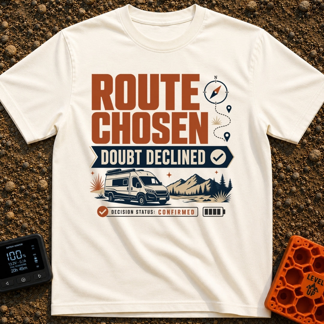 Doubtless Detour Decision - T-Shirt in Ivory - A graphic design featuring the text "ROUTE CHOSEN DOUBT DECLINED" above an...