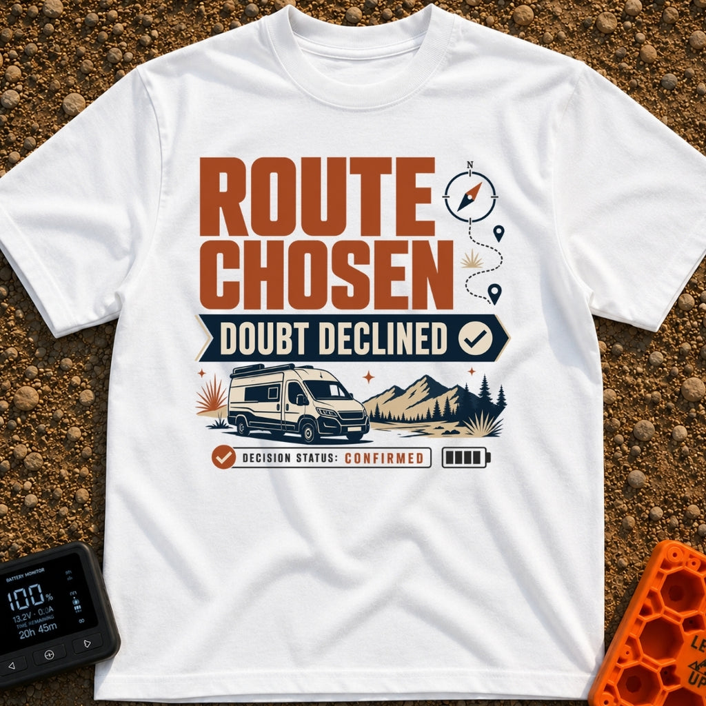 Doubtless Detour Decision - T-Shirt in White - A graphic design featuring the text "ROUTE CHOSEN DOUBT DECLINED" above an...