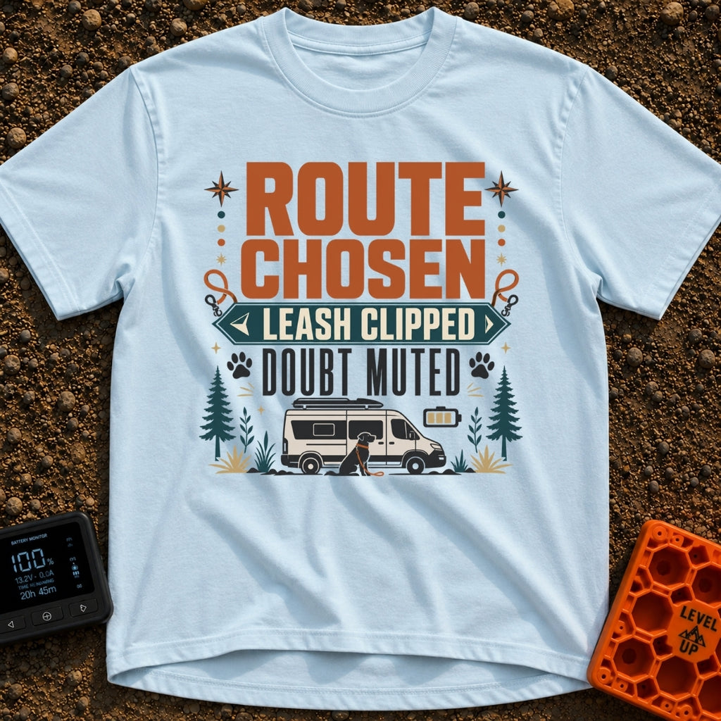 Clipped In No Doubts - T-Shirt in Chambray - A typographic design featuring the text 'ROUTE CHOSEN LEASH CLIPPED DOUBT...