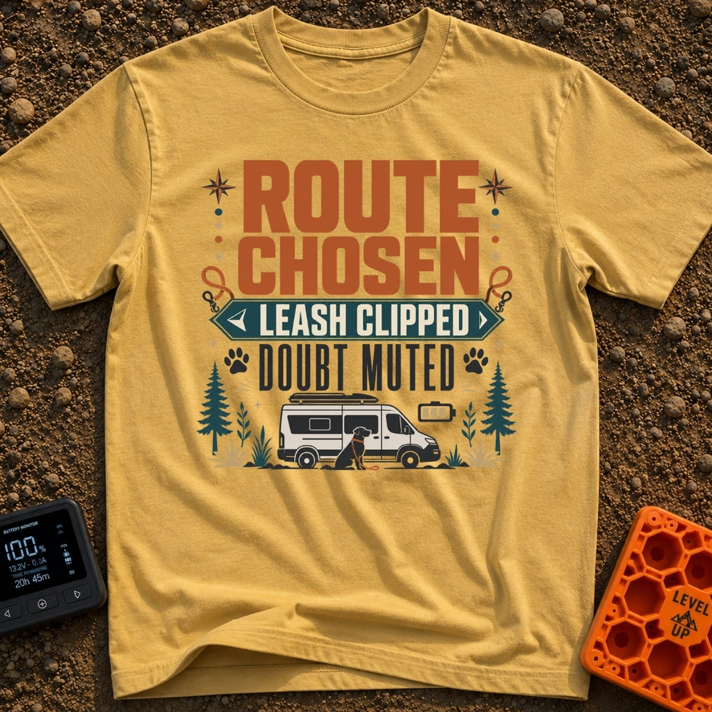 Clipped In No Doubts - T-Shirt in Mustard - A typographic design featuring the text 'ROUTE CHOSEN LEASH CLIPPED DOUBT...