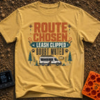 Clipped In No Doubts - T-Shirt in Mustard - A typographic design featuring the text 'ROUTE CHOSEN LEASH CLIPPED DOUBT...
