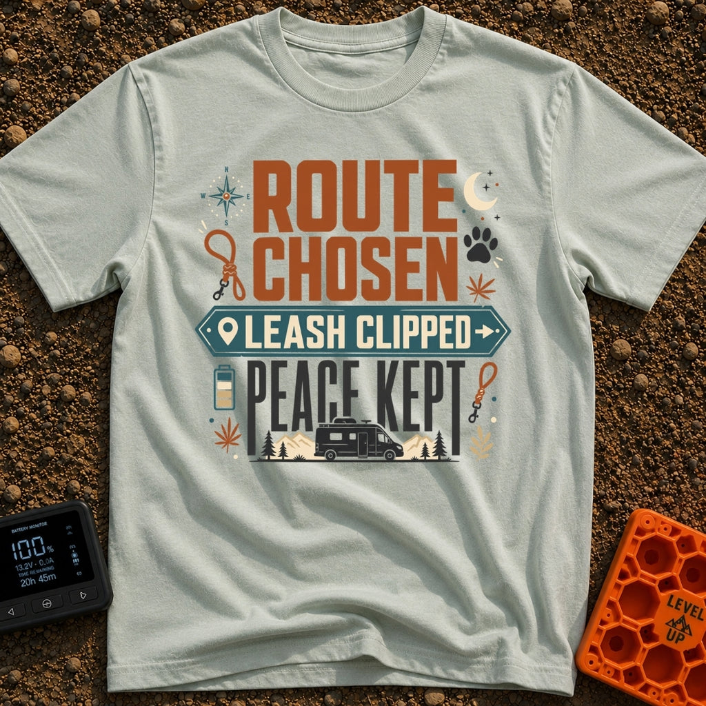 Leash Clipped Peace Kept - T-Shirt in Bay - A typographic design reading "ROUTE CHOSEN", "LEASH CLIPPED" inside a...