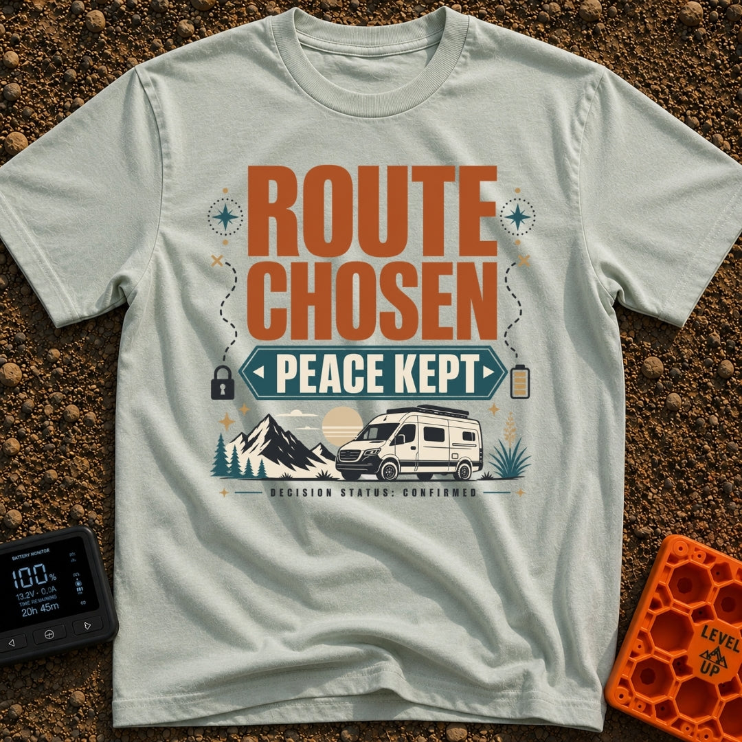 Route Chosen Peace Kept - T-Shirt in Bay - A graphic with the text "ROUTE CHOSEN" and "PEACE KEPT" above an illustration...