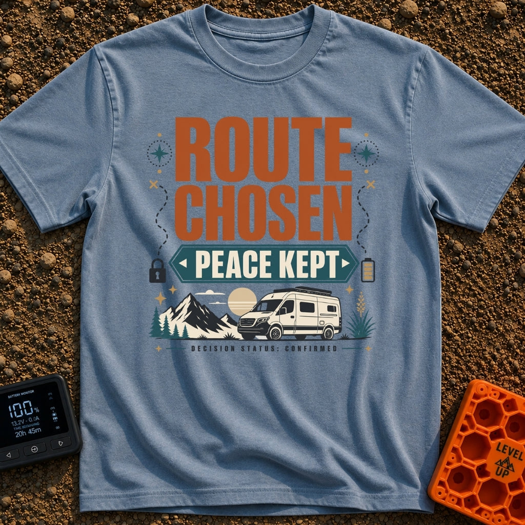 Route Chosen Peace Kept - T-Shirt in Blue Jean - A graphic with the text "ROUTE CHOSEN" and "PEACE KEPT" above an...