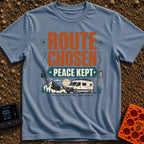Route Chosen Peace Kept - T-Shirt in Blue Jean - A graphic with the text "ROUTE CHOSEN" and "PEACE KEPT" above an...