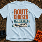 Route Chosen Peace Kept - T-Shirt in Chambray - A graphic with the text "ROUTE CHOSEN" and "PEACE KEPT" above an...