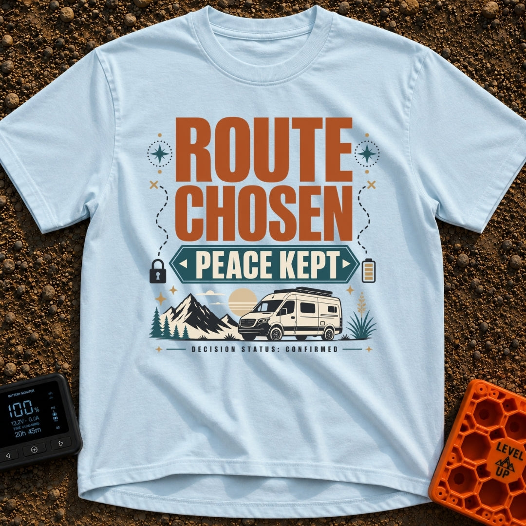 Route Chosen Peace Kept - T-Shirt in Chambray - A graphic with the text "ROUTE CHOSEN" and "PEACE KEPT" above an...