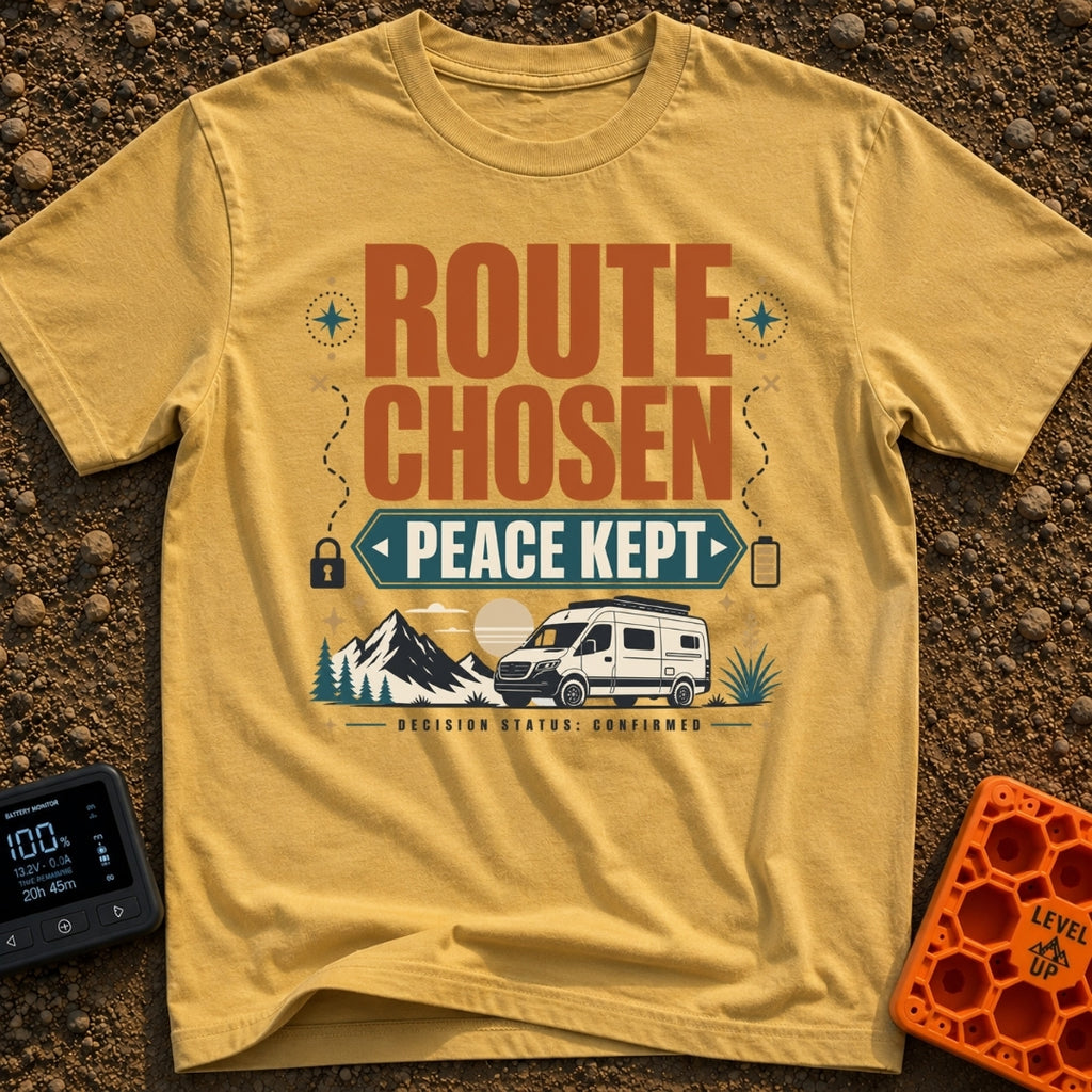 Route Chosen Peace Kept - T-Shirt in Mustard - A graphic with the text "ROUTE CHOSEN" and "PEACE KEPT" above an...