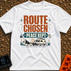 Route Chosen Peace Kept - T-Shirt in White - A graphic with the text "ROUTE CHOSEN" and "PEACE KEPT" above an...