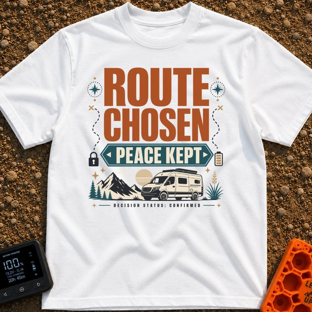 Route Chosen Peace Kept - T-Shirt in White - A graphic with the text "ROUTE CHOSEN" and "PEACE KEPT" above an...