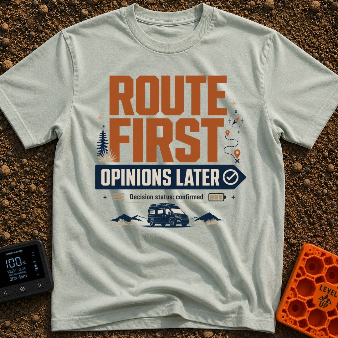Route First Opinions Later - T-Shirt in Bay - A typographic design reading "ROUTE FIRST OPINIONS LATER" with the second...