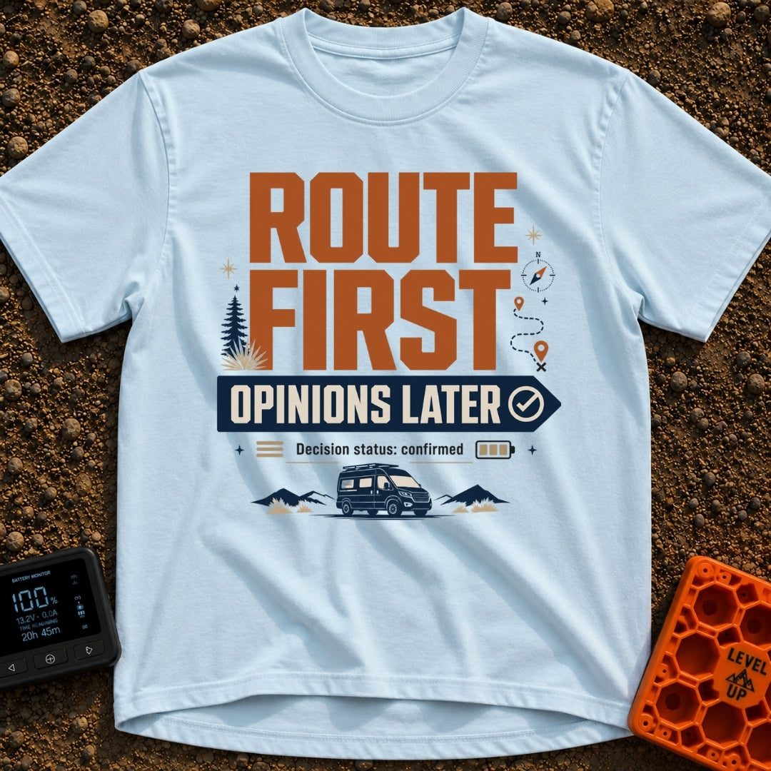Route First Opinions Later - T-Shirt in Chambray - A typographic design reading "ROUTE FIRST OPINIONS LATER" with the...