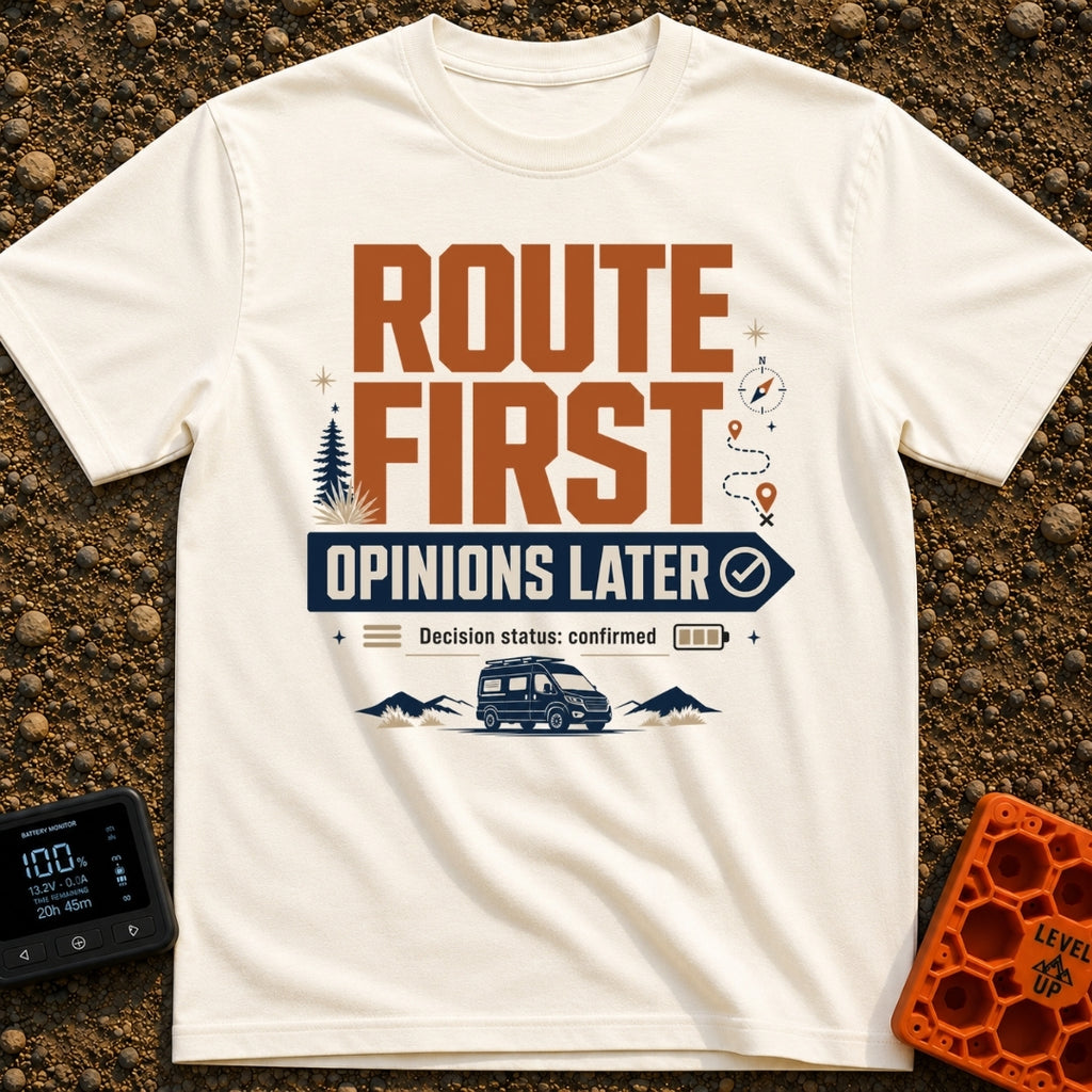 Route First Opinions Later - T-Shirt in Ivory - A typographic design reading "ROUTE FIRST OPINIONS LATER" with the second...