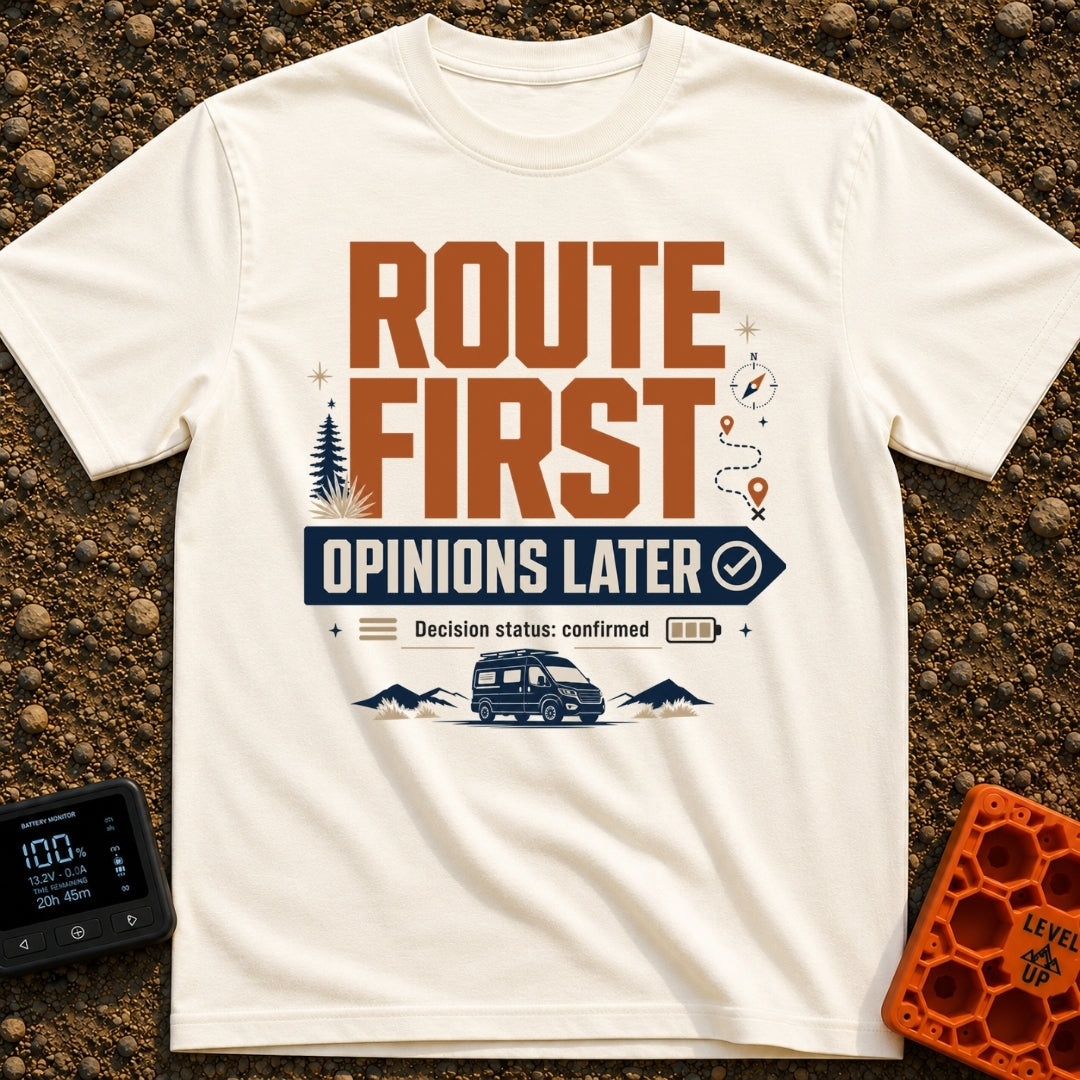Route First Opinions Later - T-Shirt in Ivory - A typographic design reading "ROUTE FIRST OPINIONS LATER" with the second...
