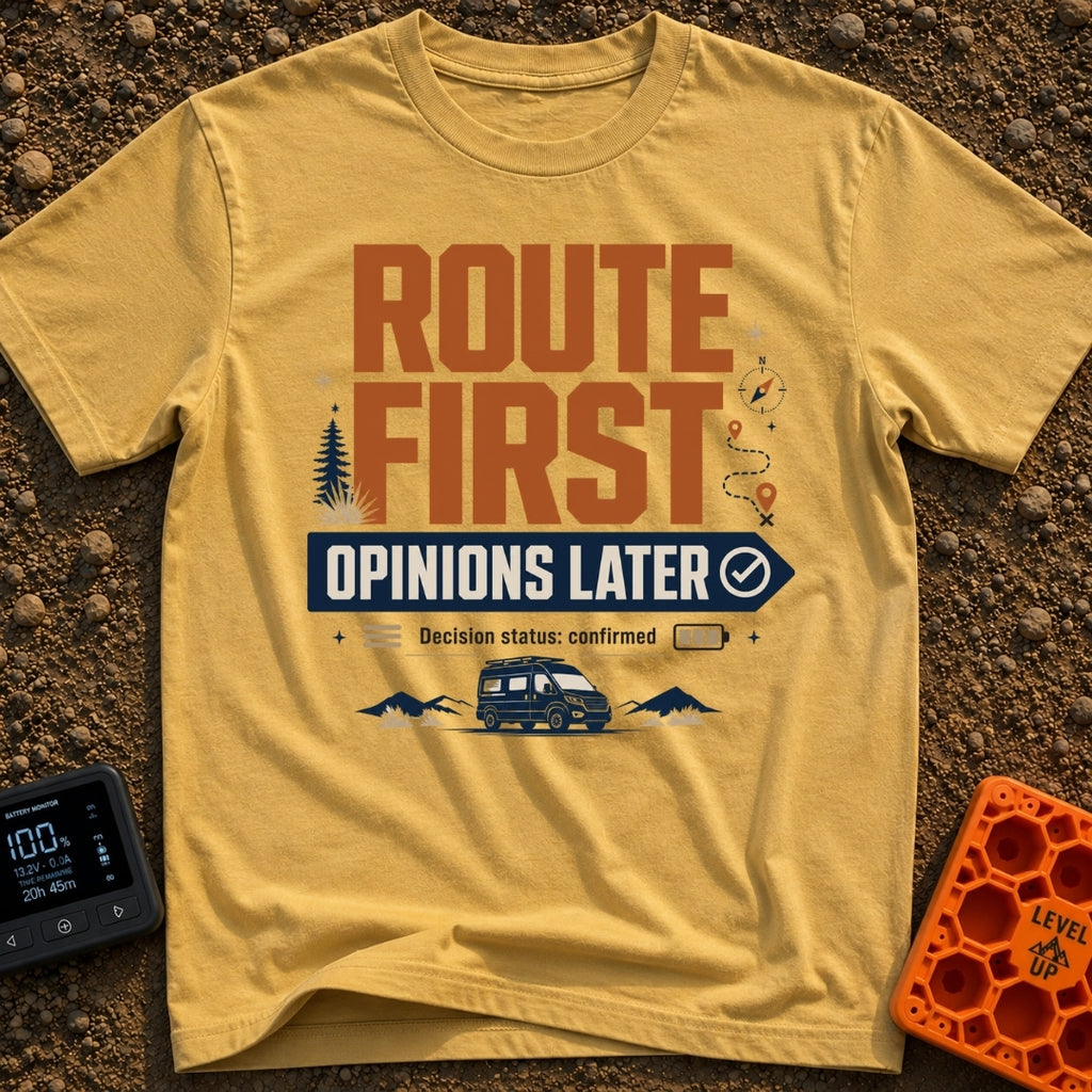 Route First Opinions Later - T-Shirt in Mustard - A typographic design reading "ROUTE FIRST OPINIONS LATER" with the...