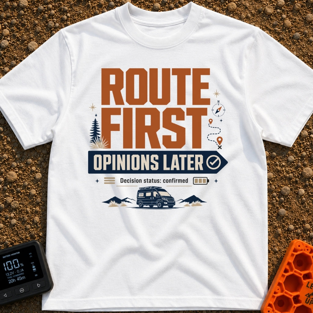 Route First Opinions Later - T-Shirt in White - A typographic design reading "ROUTE FIRST OPINIONS LATER" with the second...