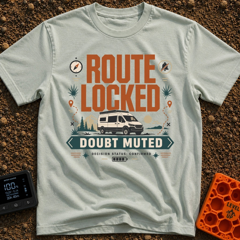 Route Locked Doubt Muted - T-Shirt in Bay - A graphic illustration featuring a camper van against a backdrop of mountains...