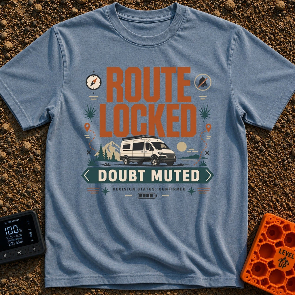 Route Locked Doubt Muted - T-Shirt in Blue Jean - A graphic illustration featuring a camper van against a backdrop of...