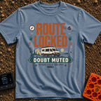 Route Locked Doubt Muted - T-Shirt in Blue Jean - A graphic illustration featuring a camper van against a backdrop of...