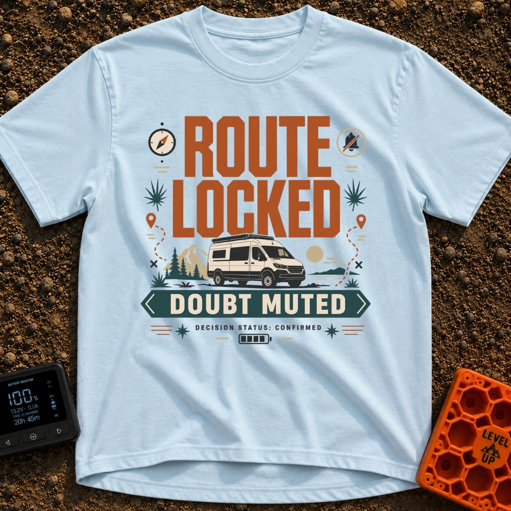 Route Locked Doubt Muted - T-Shirt in Chambray - A graphic illustration featuring a camper van against a backdrop of...