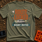 Route Locked Doubt Muted - T-Shirt in Moss - A graphic illustration featuring a camper van against a backdrop of...