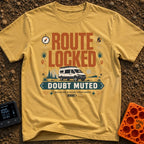 Route Locked Doubt Muted - T-Shirt in Mustard - A graphic illustration featuring a camper van against a backdrop of...