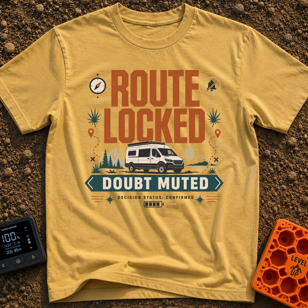 Route Locked Doubt Muted - T-Shirt in Mustard - A graphic illustration featuring a camper van against a backdrop of...